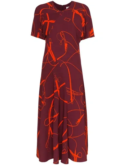 Victoria Beckham Belt And Buckle Print Midi Dress In Bordeaux