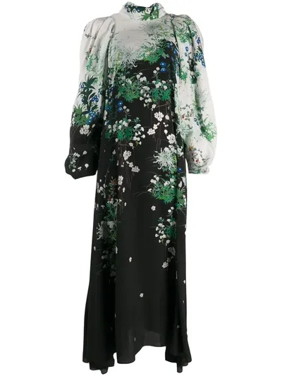 Givenchy Floral Print Long Sleeve Crepe Midi Dress In Black