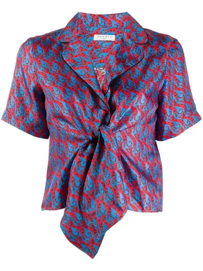 Sandro Caty Cat Print Short Sleeve Silk Shirt In Blue Red