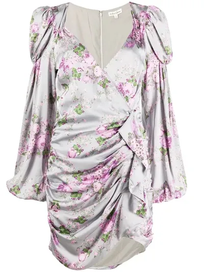 For Love & Lemons Floral Ruched Mini Dress In Grey