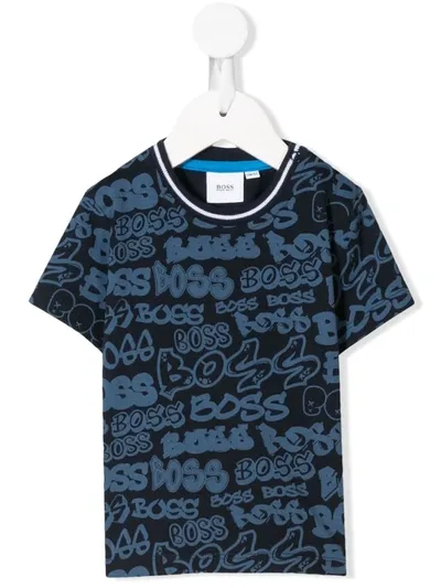 Hugo Boss Babies' All-over Logo T-shirt In Blue