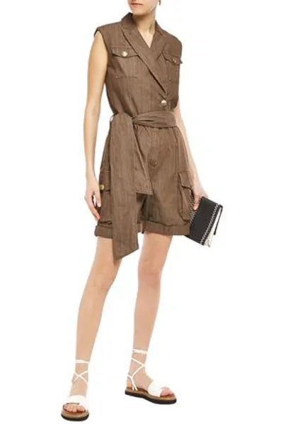 Brunello Cucinelli Belted Wrap-effect Bead-embellished Cotton Playsuit In Brown