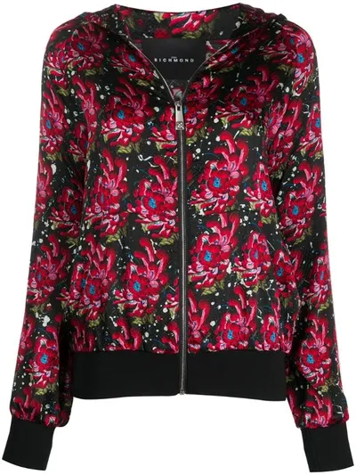 John Richmond Floral-print Zip-up Hoodie In Black