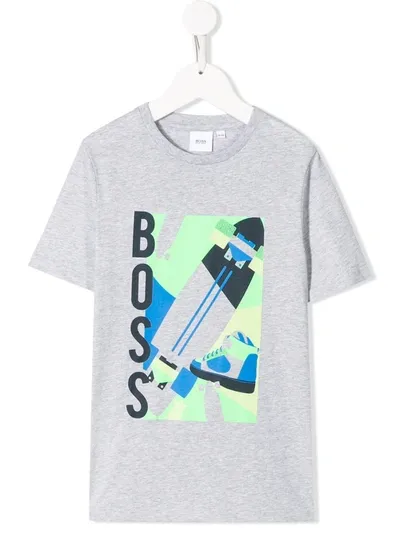 Hugo Boss Kids' Crew Neck Logo Printed T-shirt In Grey