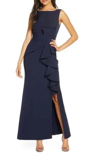 Eliza J Sleeveless Cascading-ruffle Gown In Navy