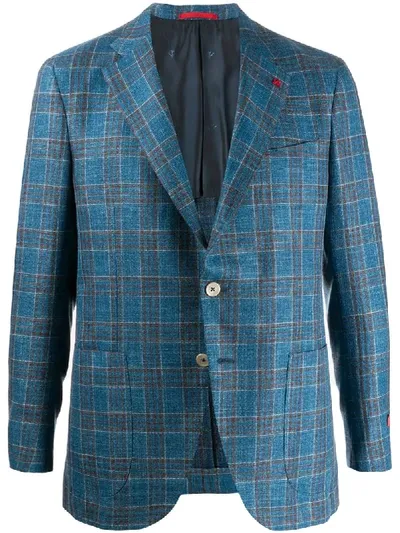 Isaia Textured Tartan Patterned Suit Jacket In Blue