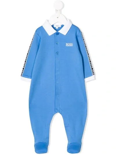 Hugo Boss Babies' Logo Trim Footed Pajamas In Blue