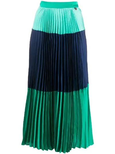 Twinset Colour Block Pleated Satin Skirt In Blue