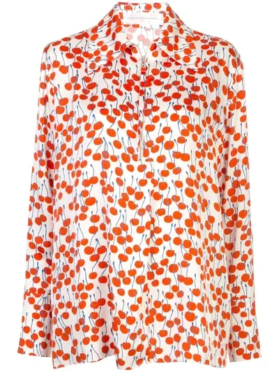 Victoria Victoria Beckham Cherry-print Zip-up Satin Shirt In White