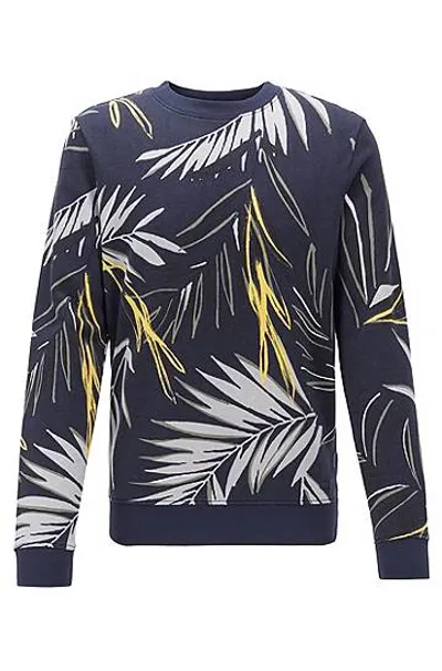 Hugo Boss Leaf-print Sweatshirt In Cotton Terry In Dark Blue