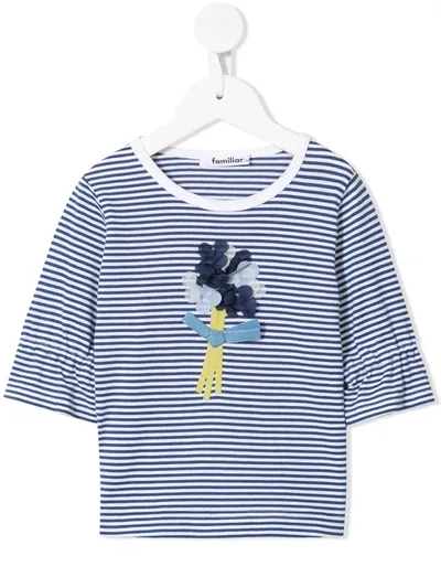 Familiar Kids' Flower Appliqué Striped T-shirt In Blue