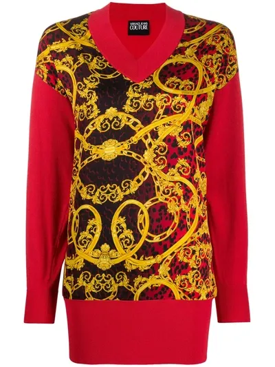 Versace Jeans Couture Knitted Baroque Print Jumper In Red