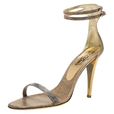 Pre-owned Ferragamo Gold Snakeskin Tirosana Ankle Strap Sandals Size 40.5