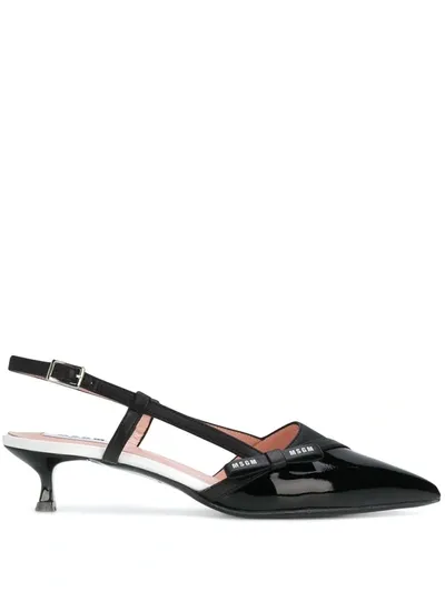 Msgm Bow-embellished Smooth And Patent-leather Slingback Pumps In Black