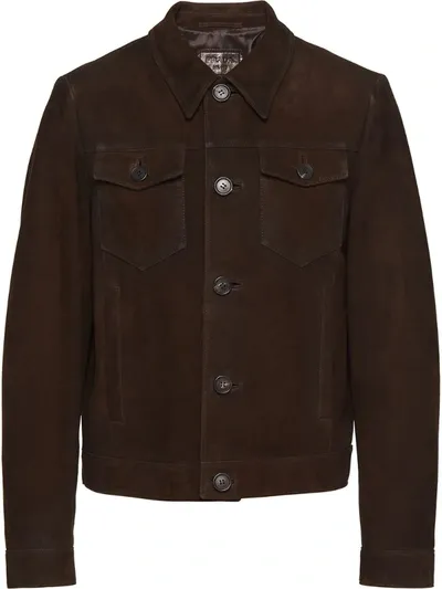 Prada Collared Suede Jacket In Brown