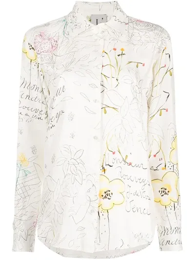 L'autre Chose Button Down Notes & Flowers Print Blouse In White