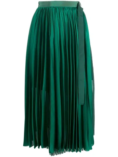 Sacai High Waisted Pleated Skirt In Green