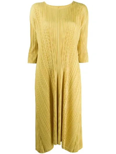 Issey Miyake Micro-pleated Midi Dress In Yellow