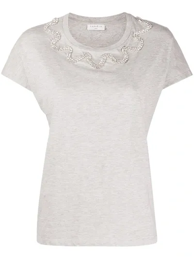 Sandro Wavy Crystal-embellished Mélange Cotton-blend Jersey T-shirt In Gray