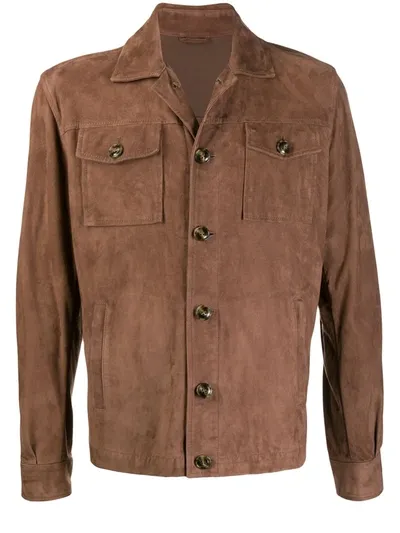 Barba Buttoned Suede Jacket In Brown