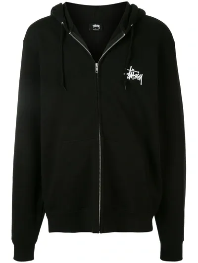 Stussy Logo Printed Zipped Hoodie In Black