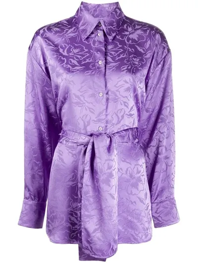 Msgm Floral-jacquard Belted Shirt In Purple