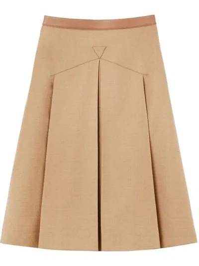 Burberry Lambskin Trim Box-pleated Wool Silk Skirt In Neutrals