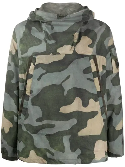 C.p. Company Camouflage Print High Collar Hoodie In Green