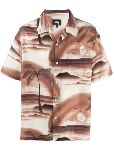 Stussy Tropical-print Short-sleeved Shirt In Brown