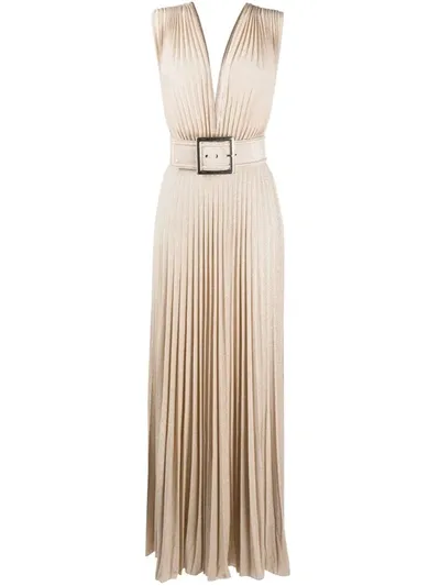 Elisabetta Franchi Pleated Dress With Belt In Beige Lamè In Gold