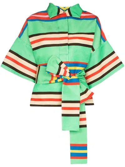 Rianna + Nina Claudia Striped Belted Blouse In Green