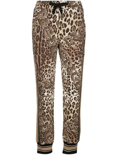 Dolce & Gabbana Leopard Logo Print Track Pants In Brown