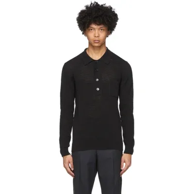 Cmmn Swdn Curtis Crochet Knit Polo Sweater In Black