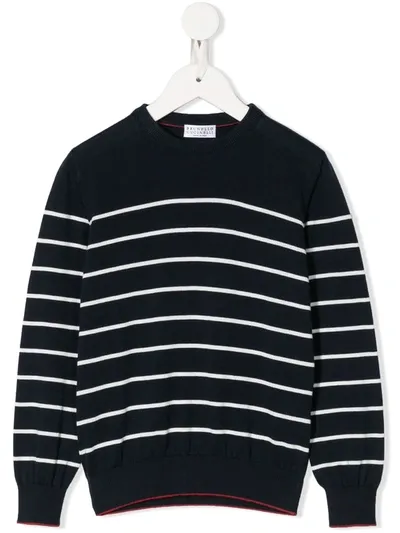 Brunello Cucinelli Kids' Striped Crew Neck Jumper In Blue