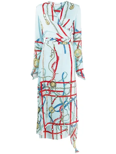 Lanvin Chain Print Wrap Dress In Blue