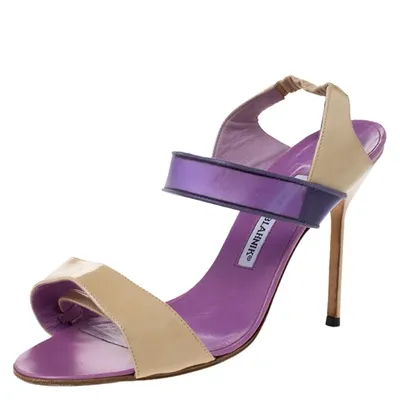 Pre-owned Manolo Blahnik Purple/beige Patent Leather And Pvc Slingback Sandals Size 38.5