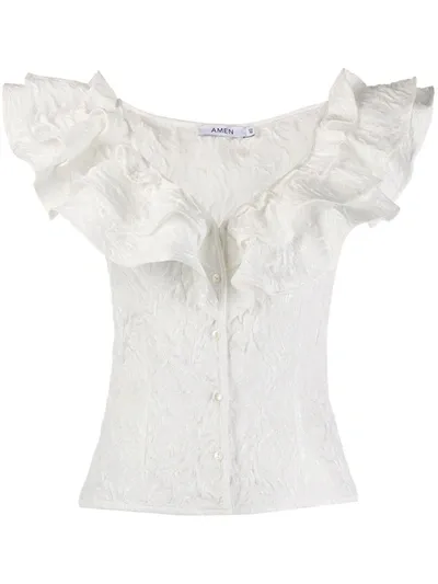 Amen Ruffled Rose-jacquard Top In White