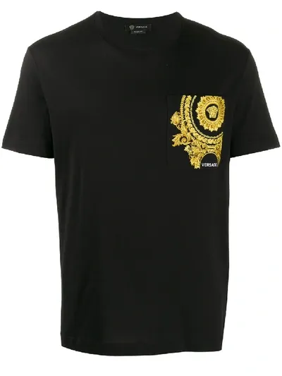 Versace Baroque Logo Embroidered Pocket T-shirt In Black,yellow