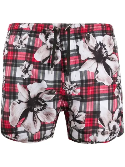 Neil Barrett Floral And Check Print Swim Shorts In Red