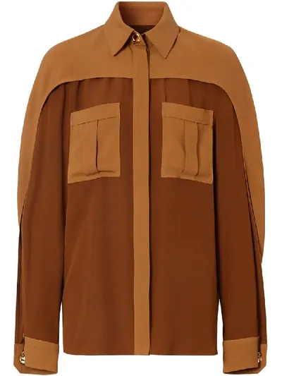 Burberry Cape Sleeve Two-tone Silk Shirt In Brown