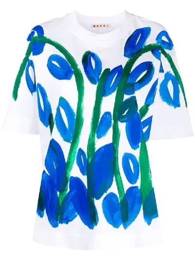 Marni T-shirt In Cotone Con Stampa Floreale E Logo In Blue China