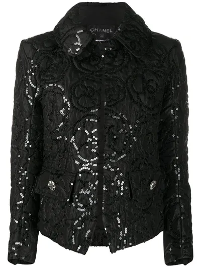 Pre-owned Chanel 2000s Sequinned Jacquard Fitted Jacket In Black