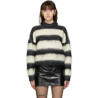 Saint Laurent Black & White Mohair Striped Sweater In White,black