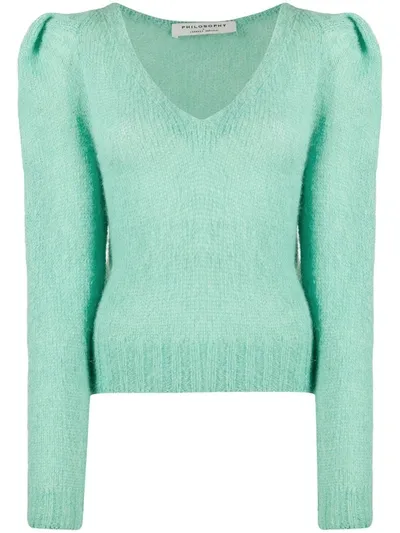 Philosophy Di Lorenzo Serafini V-neck Puffed-shoulder Jumper In Green