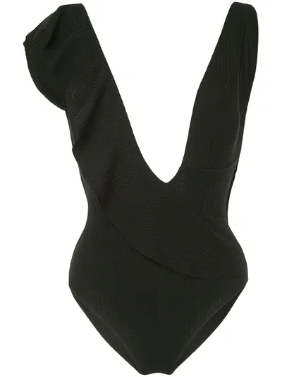 Duskii Ruffled Ribbed Swimsuit In Black