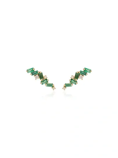 Suzanne Kalan 18kt Yellow Gold Emerald And Diamond Stud Earrings In Green