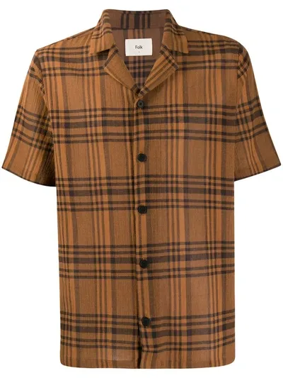 Folk Check Print Cotton Shirt In Brown