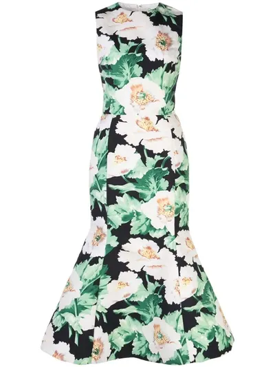 Oscar De La Renta Floral-print Twill Tulip-hem Dress In Black