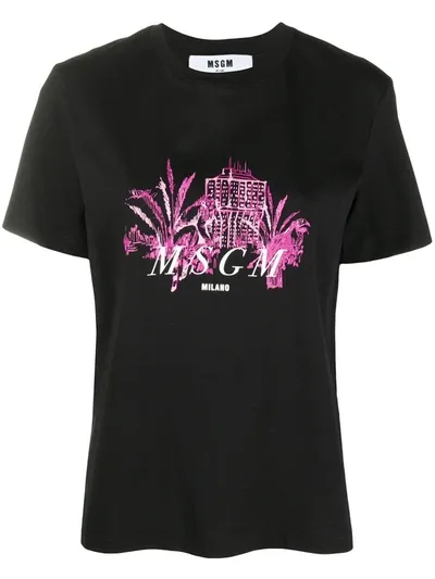 Msgm Graphic-print Cotton T-shirt In Black