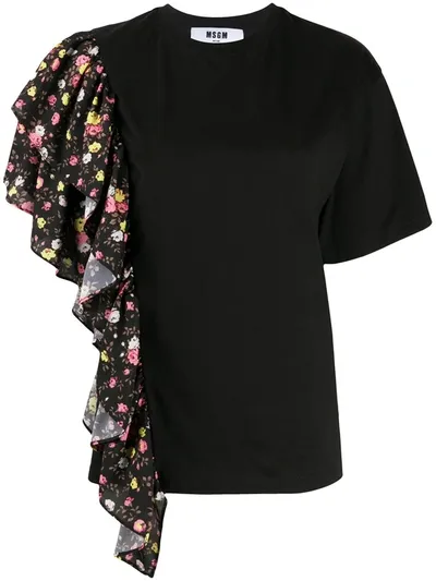 Msgm Floral-print Ruffled T-shirt In Black